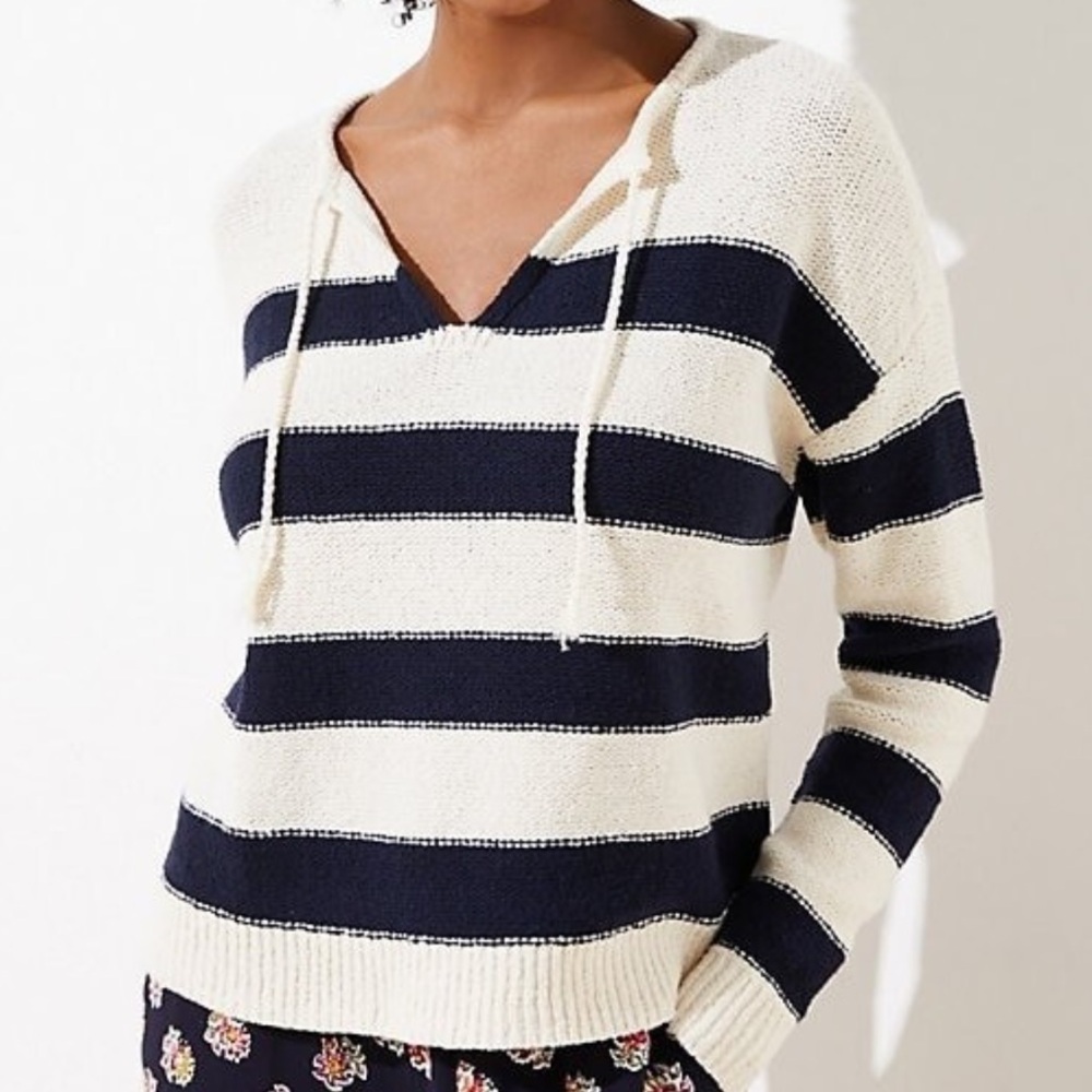 LOFT striped knit tassel tie sweater in navy and cream XL